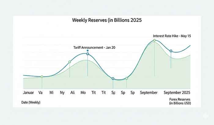 A sleek line graph showing weekly forex reserve fluctuations from Jan to Sep 2025 with annotations for key events like tariff announcements